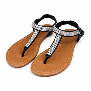 Montego Bay Club Womens‎ Black Rhinestone T Strap Sandals Size 6.5 Flat